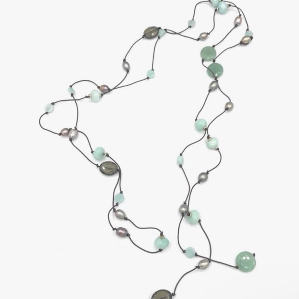Vintage Jade Freshwater Baroque Pearl Crystal Lariat long necklace